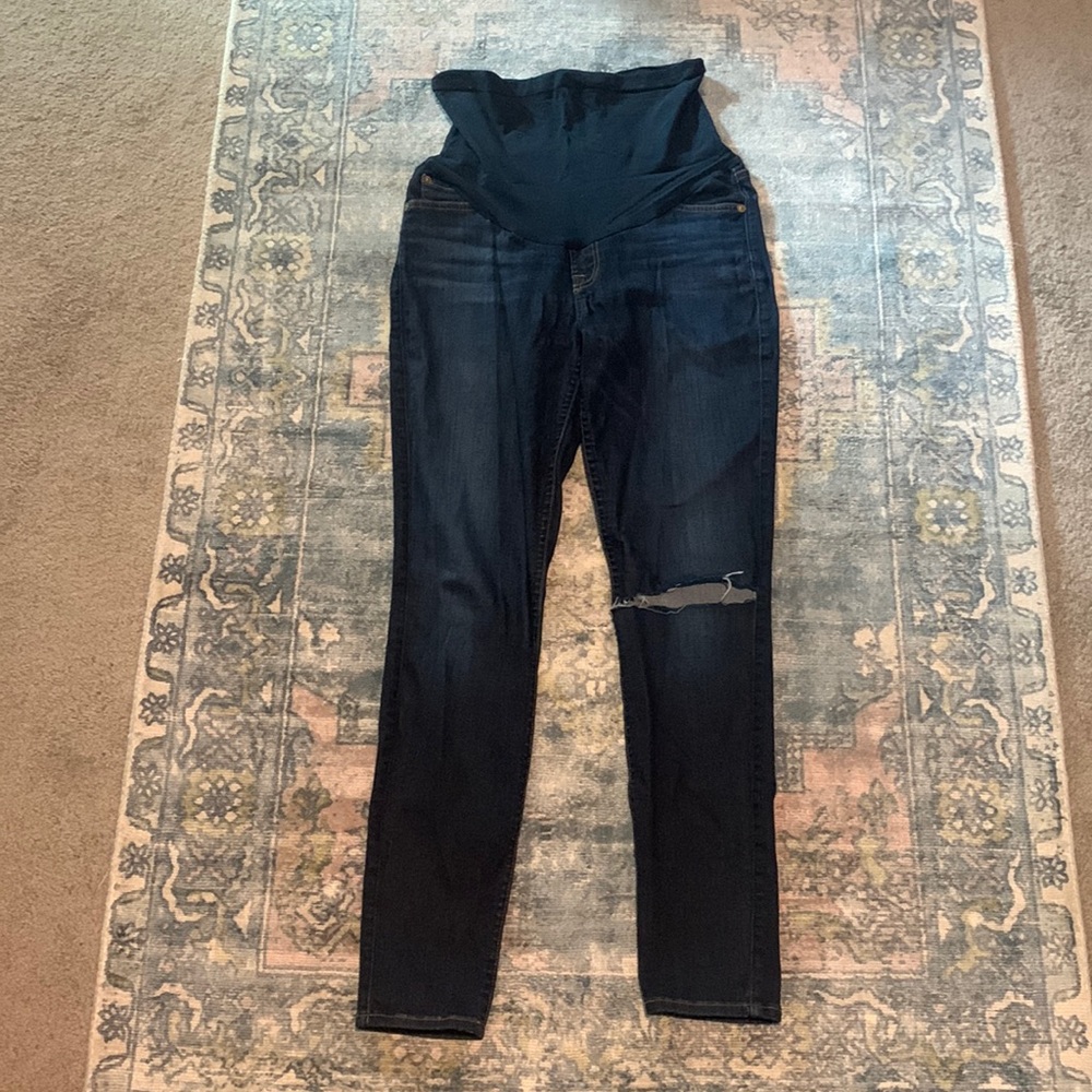 7 For All Mankind Maternity Dark Wash Denim Skinny Jeans with Distress Knee